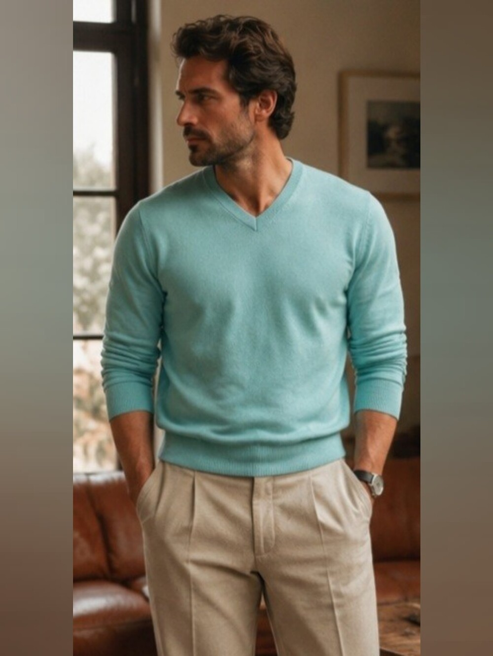 G/FORE Men's V-Neck 100% Cashmere Menthol Sweater  L